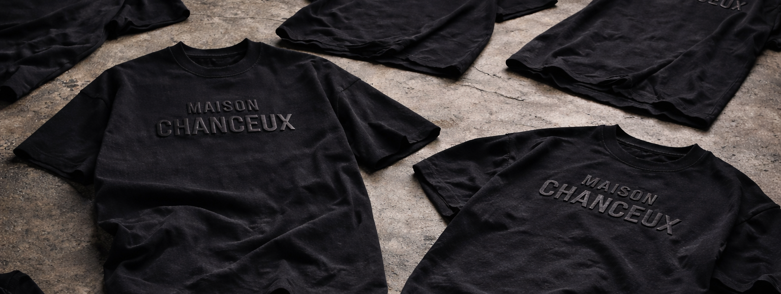 Black t-shirts with 'MAISON CHANCEUX' text on a textured surface